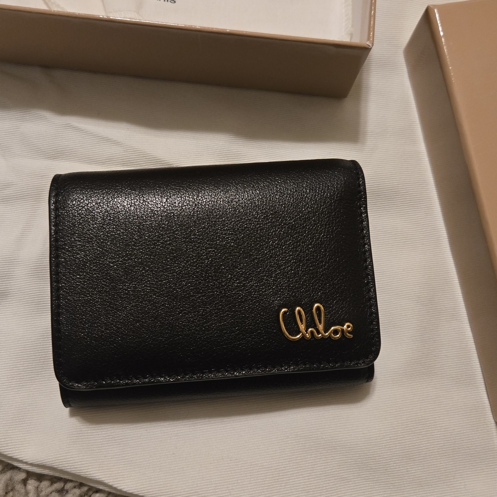 Chloe Black Leather Compact Wallet with Gold Logo